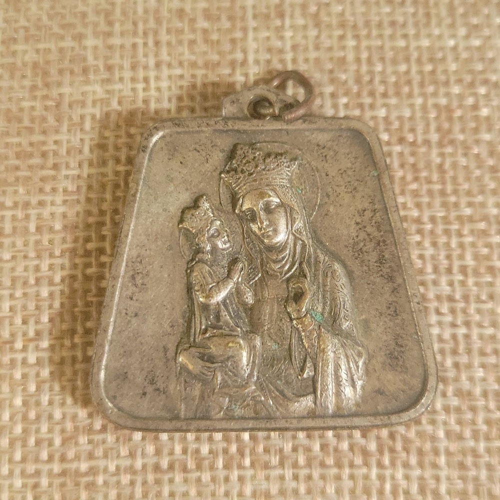 Vintage Madonna Child St Christopher Religious Medal Pendant Silver Tone 1.25in